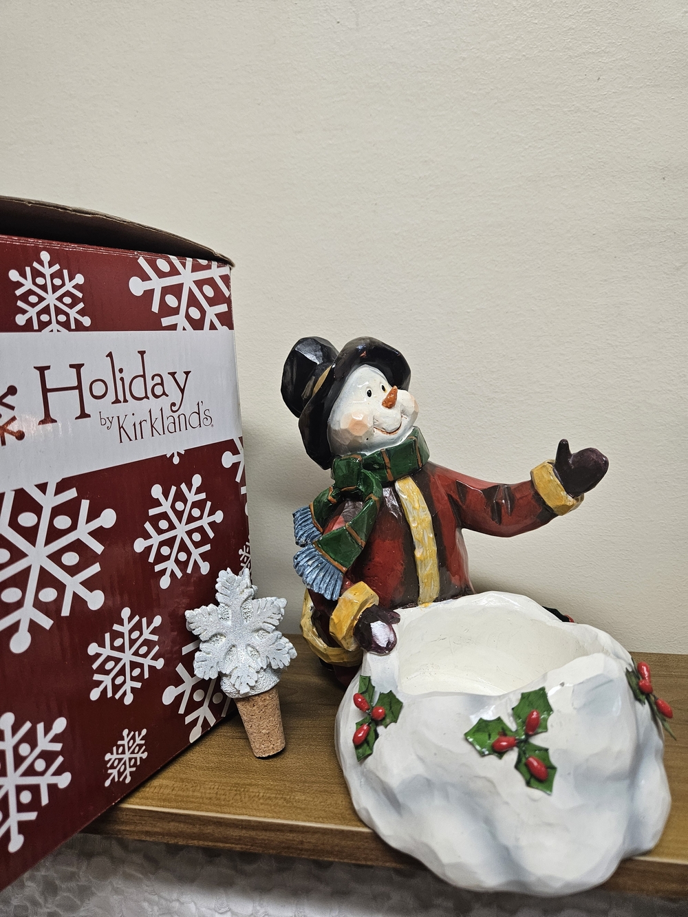 Kirklands Holiday Snowman Wine Bottle Caddy Holder Decorative Bowl Red White 7in
